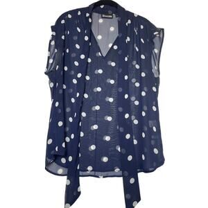 7th Avenue Polka Dotted Sheer Top Womens L Navy White Sleeveless Tie Neckline